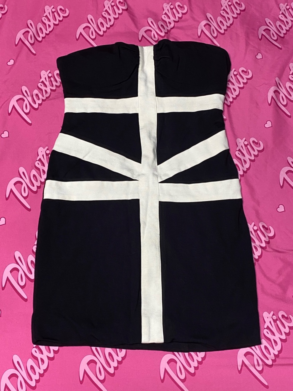 EUC Black White Cross Zip Party Cocktail Mini Fashion Strapless Mini Dress